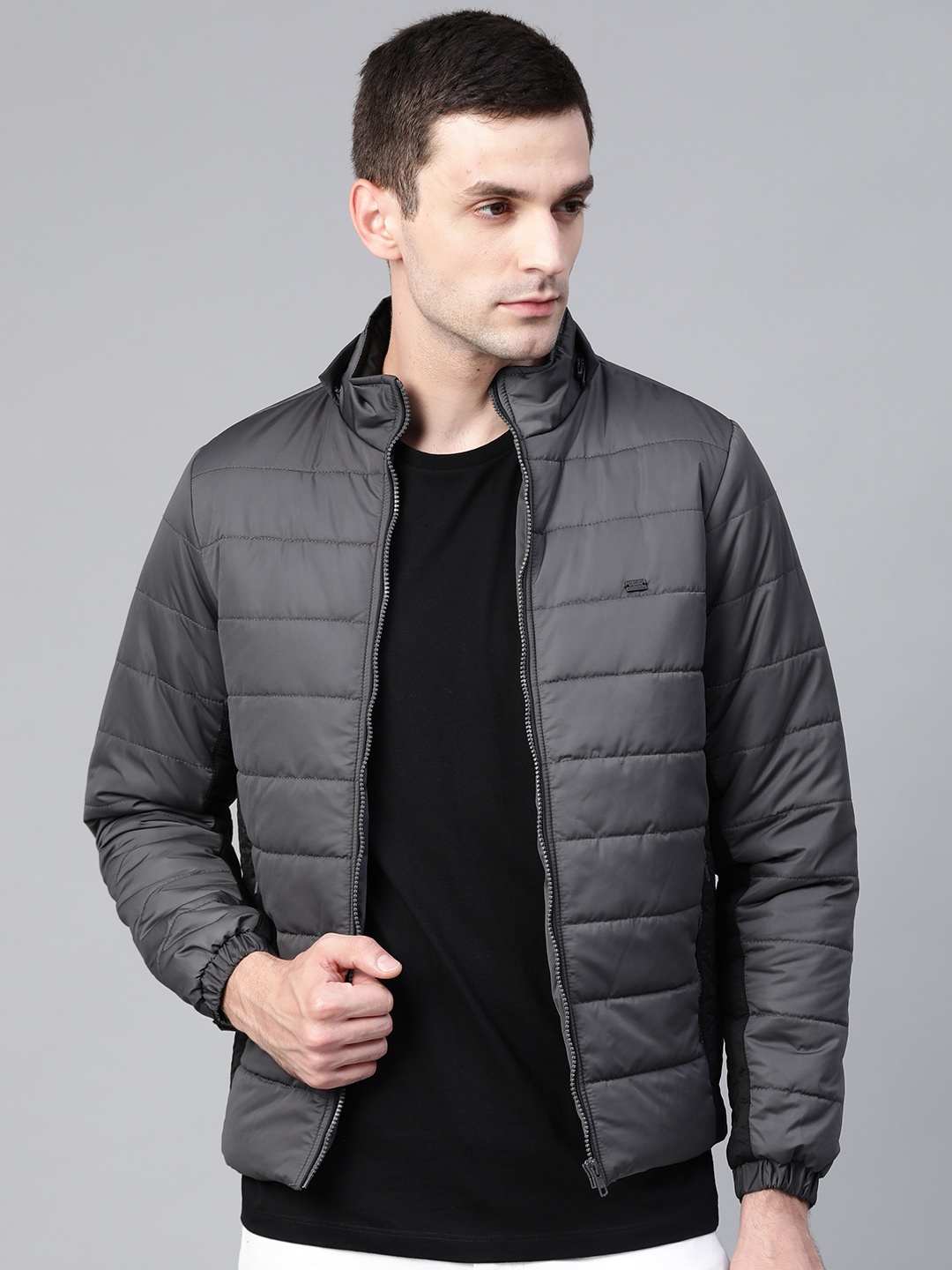 

Roadster Men Charcoal Grey Detachable Hood Solid Padded Jacket