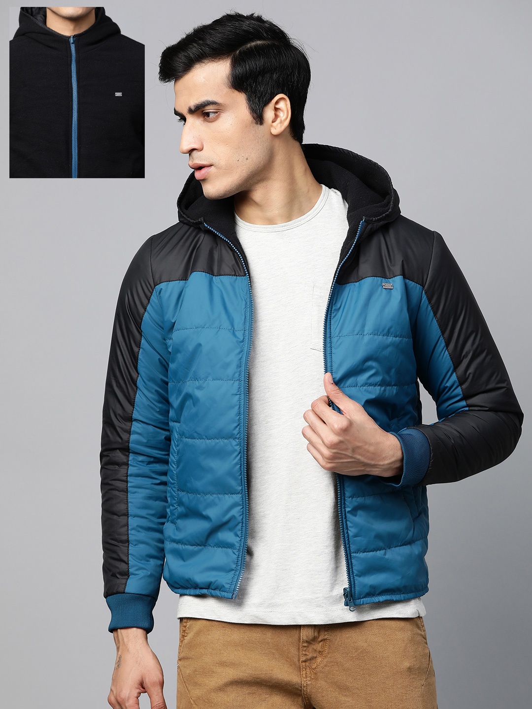 

Roadster Men Blue & Black Colourblocked Reversible Hooded Padded Jacket