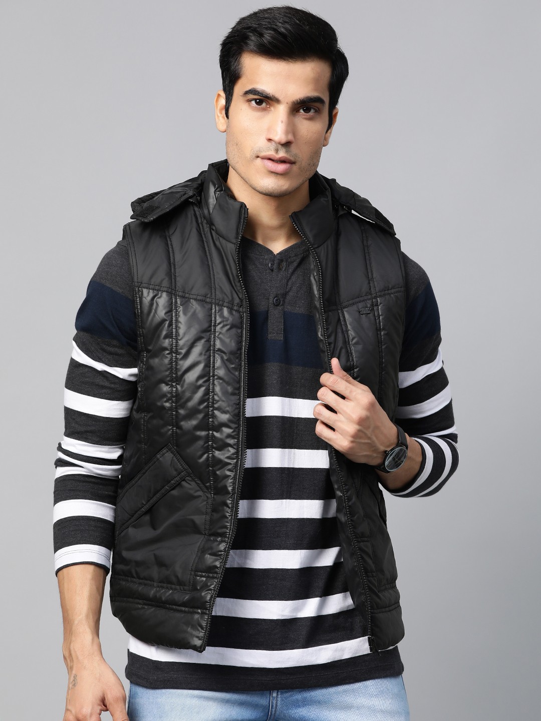 

Roadster Men Black Solid Padded Jacket with Detachable Hood