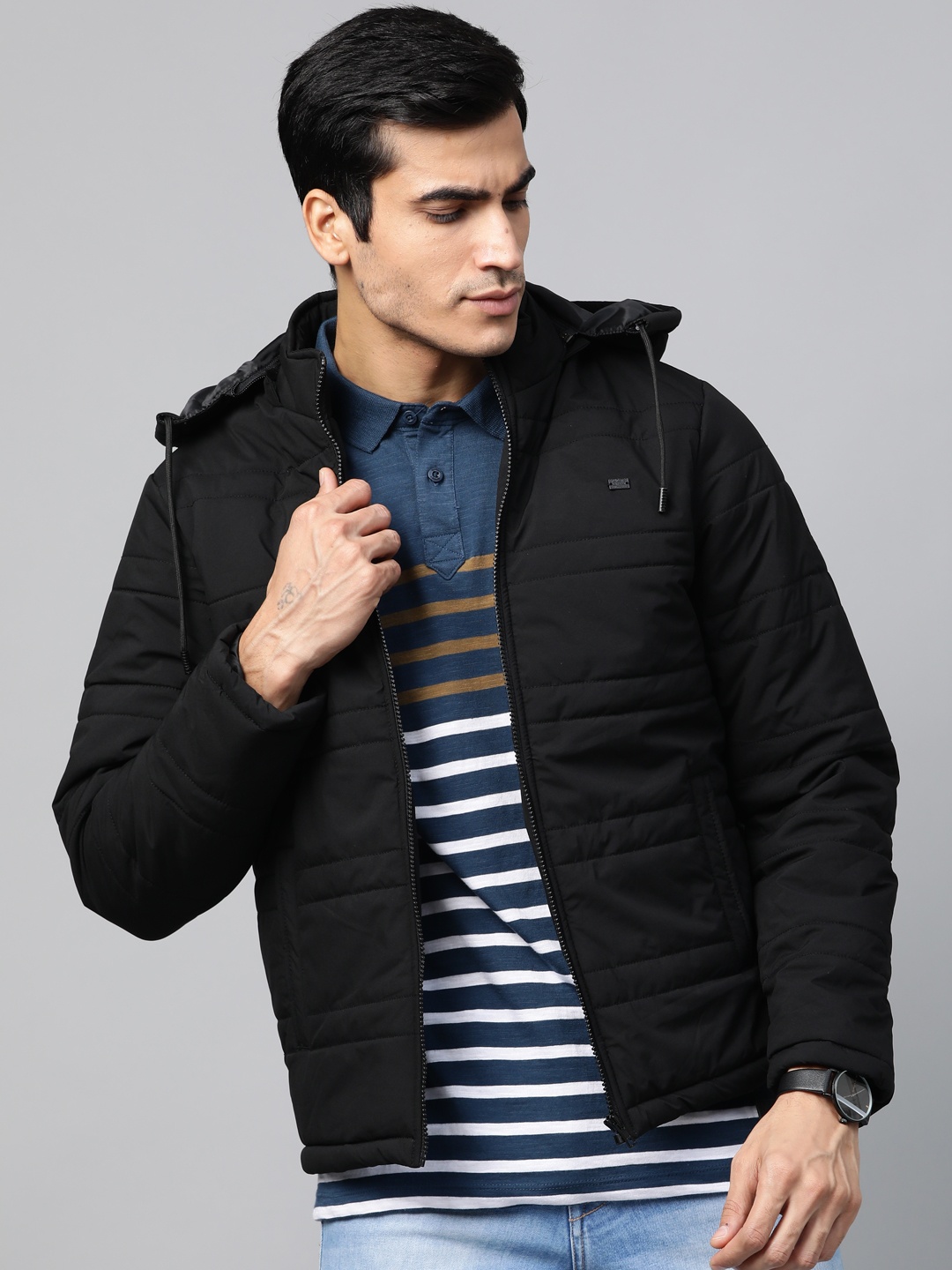 

Roadster Men Black Solid Padded Jacket with Detachable Hood