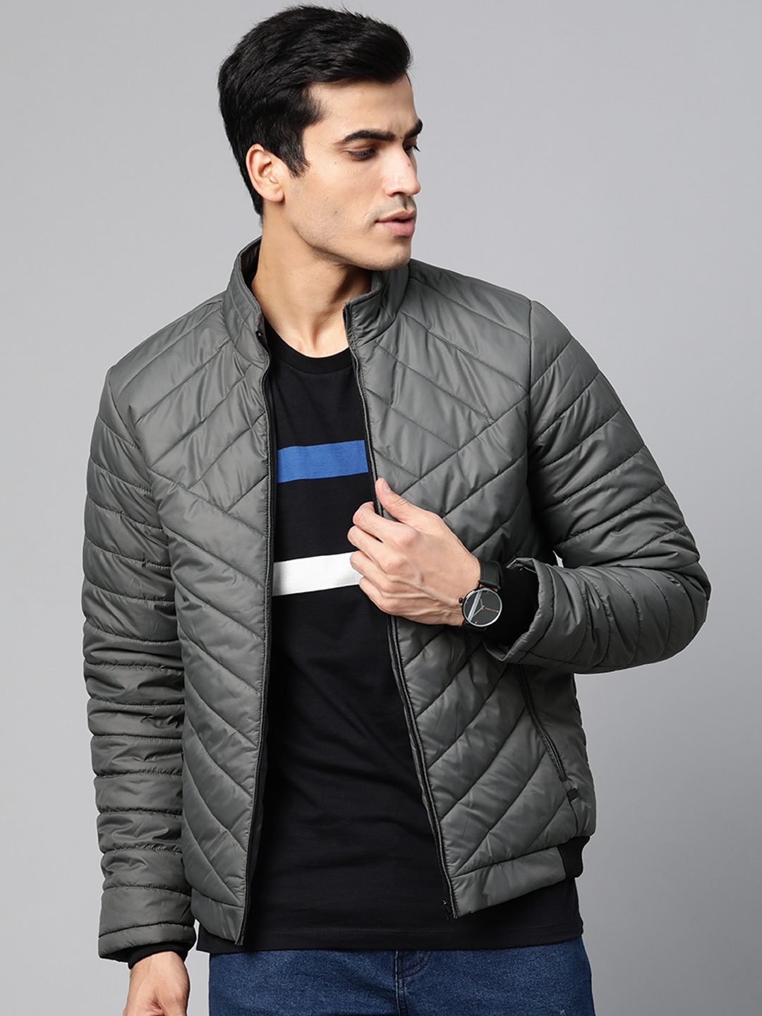

Roadster Men Charcoal Grey Solid Quilted Jacket