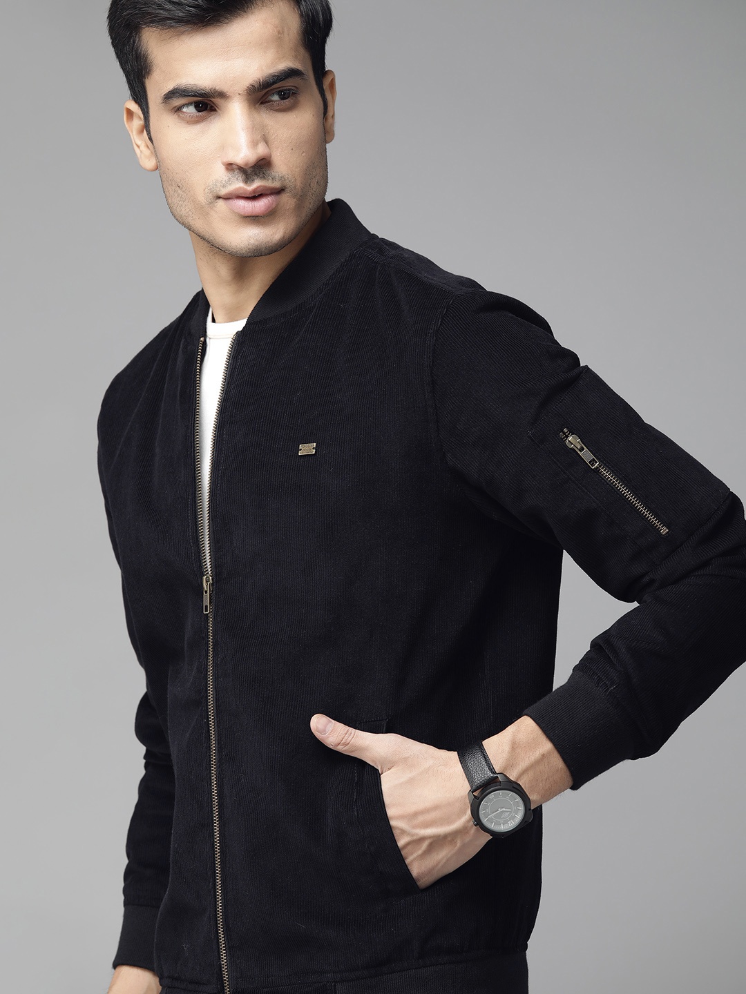 

Roadster Men Navy Blue Solid Ribbed Bomber Jacket