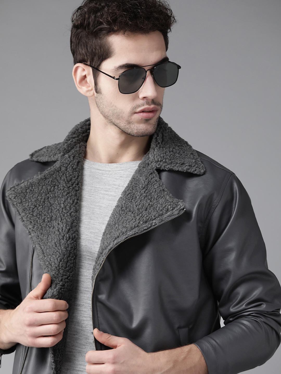 

Roadster Men Charcoal Grey Solid Biker Jacket with Faux Fur Detail
