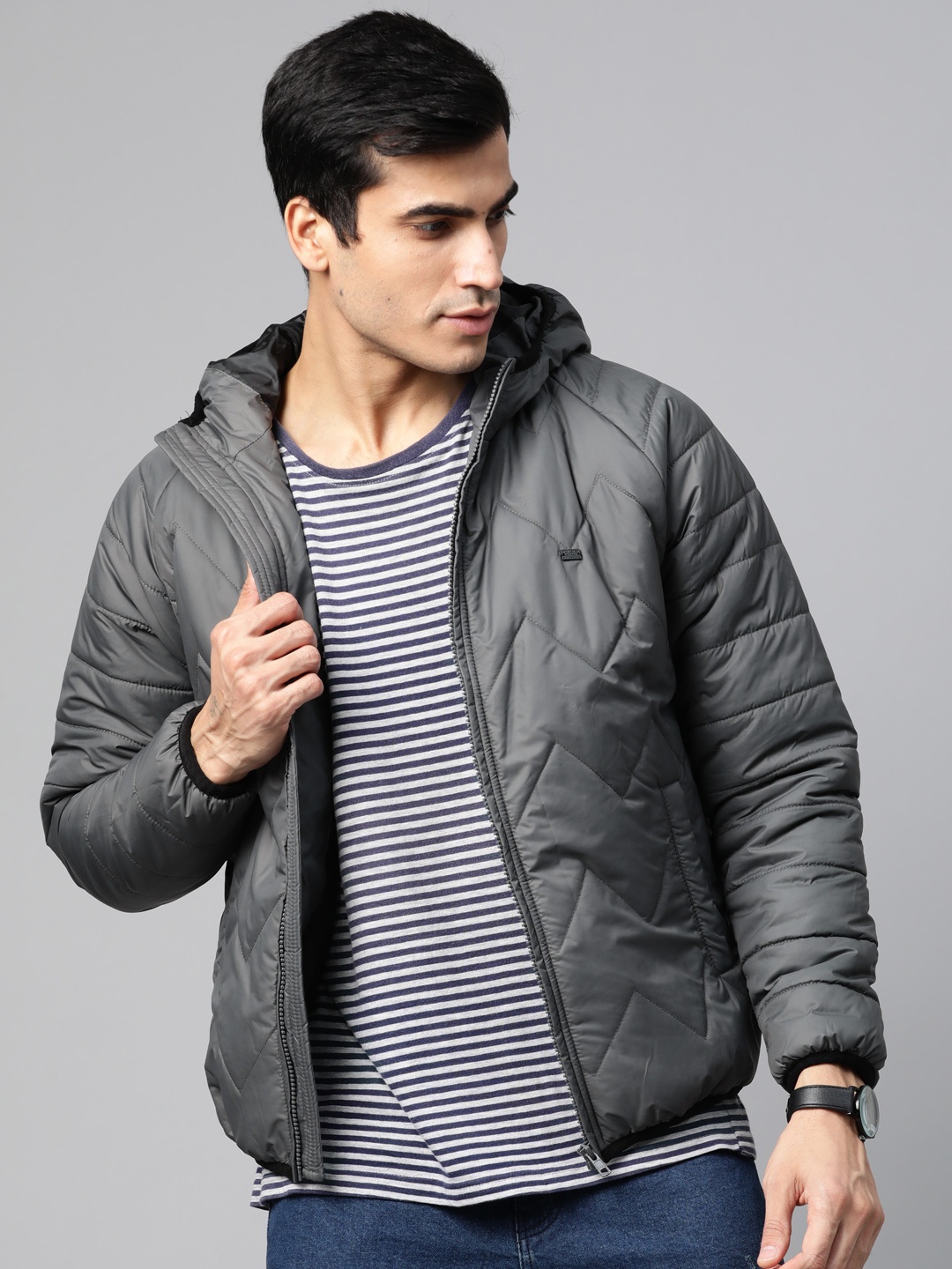 

Roadster Men Charcoal Grey Solid Hooded Quilted Jacket