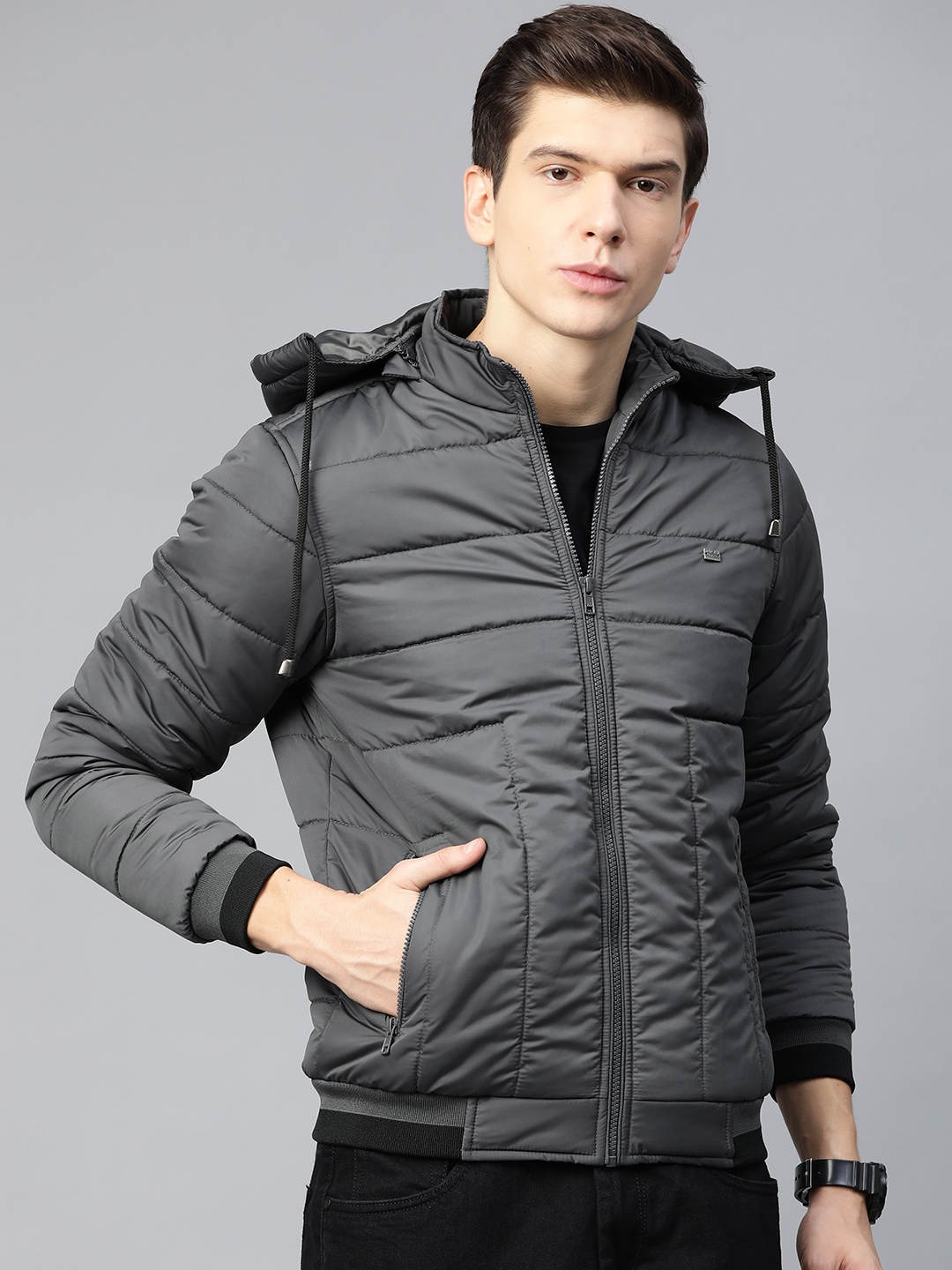 

Roadster Men Charcoal Grey Solid Padded Jacket with Detachable Hood