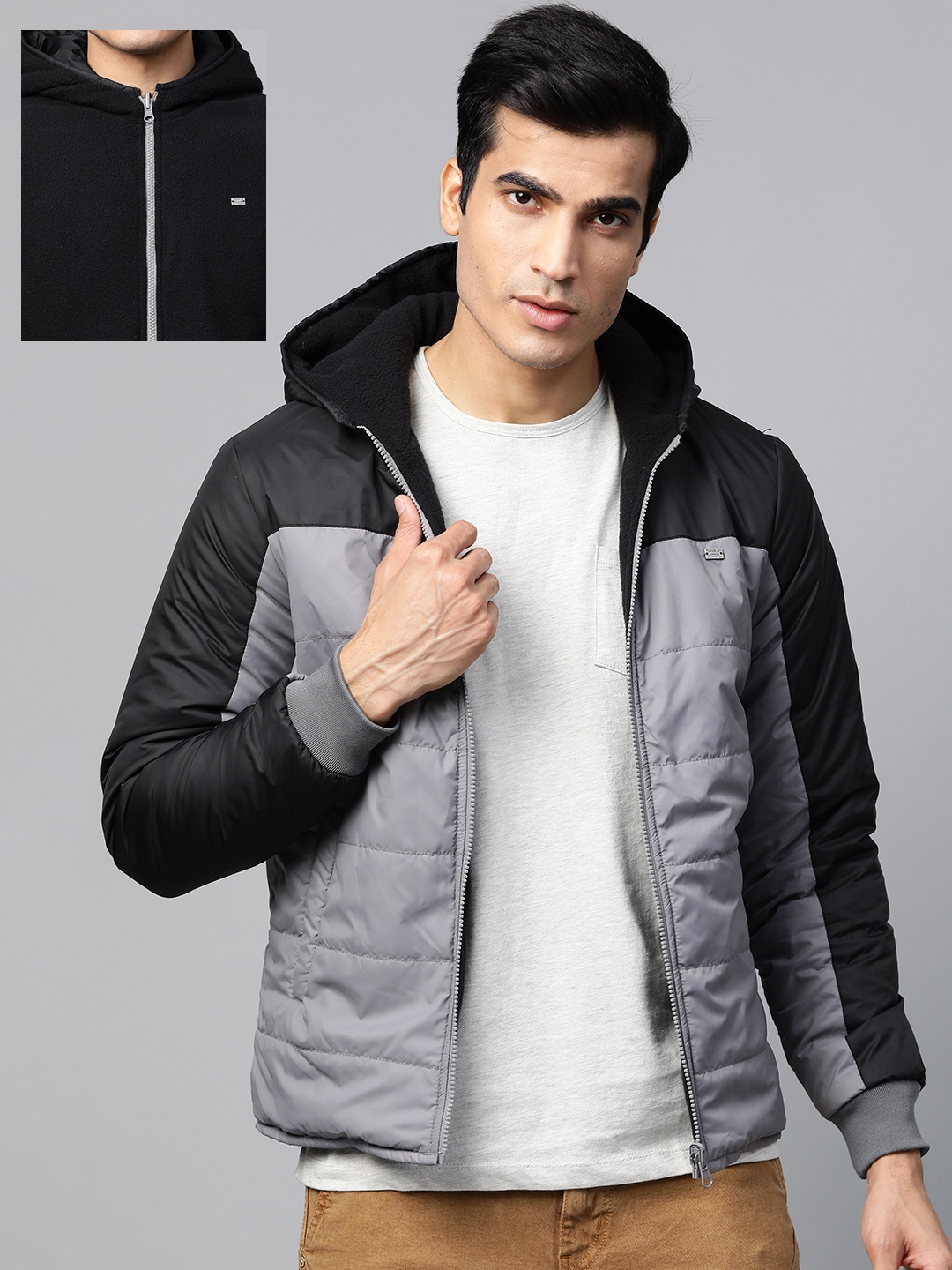 

Roadster Men Grey & Black Colourblocked Reversible Hooded Padded Jacket