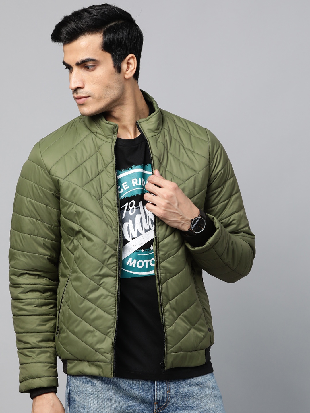 

Roadster Men Olive Green Quilted Bomber Jacket
