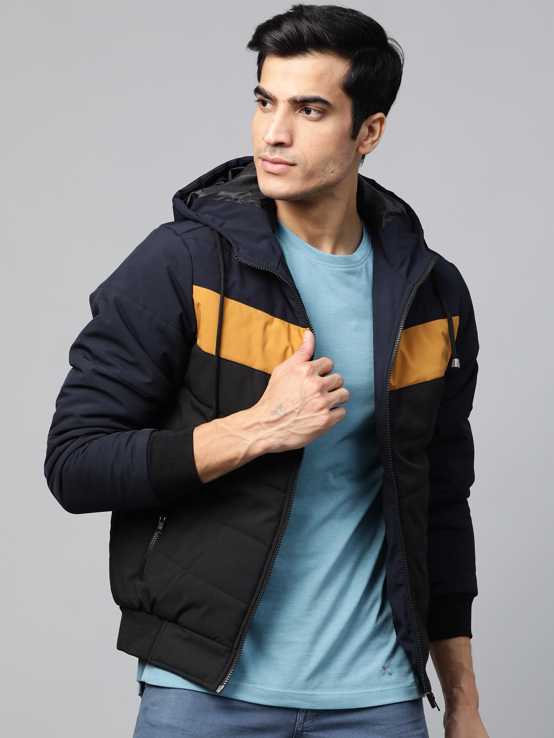 

Roadster Men Black & Mustard Yellow Colourblocked Hooded Padded Jacket