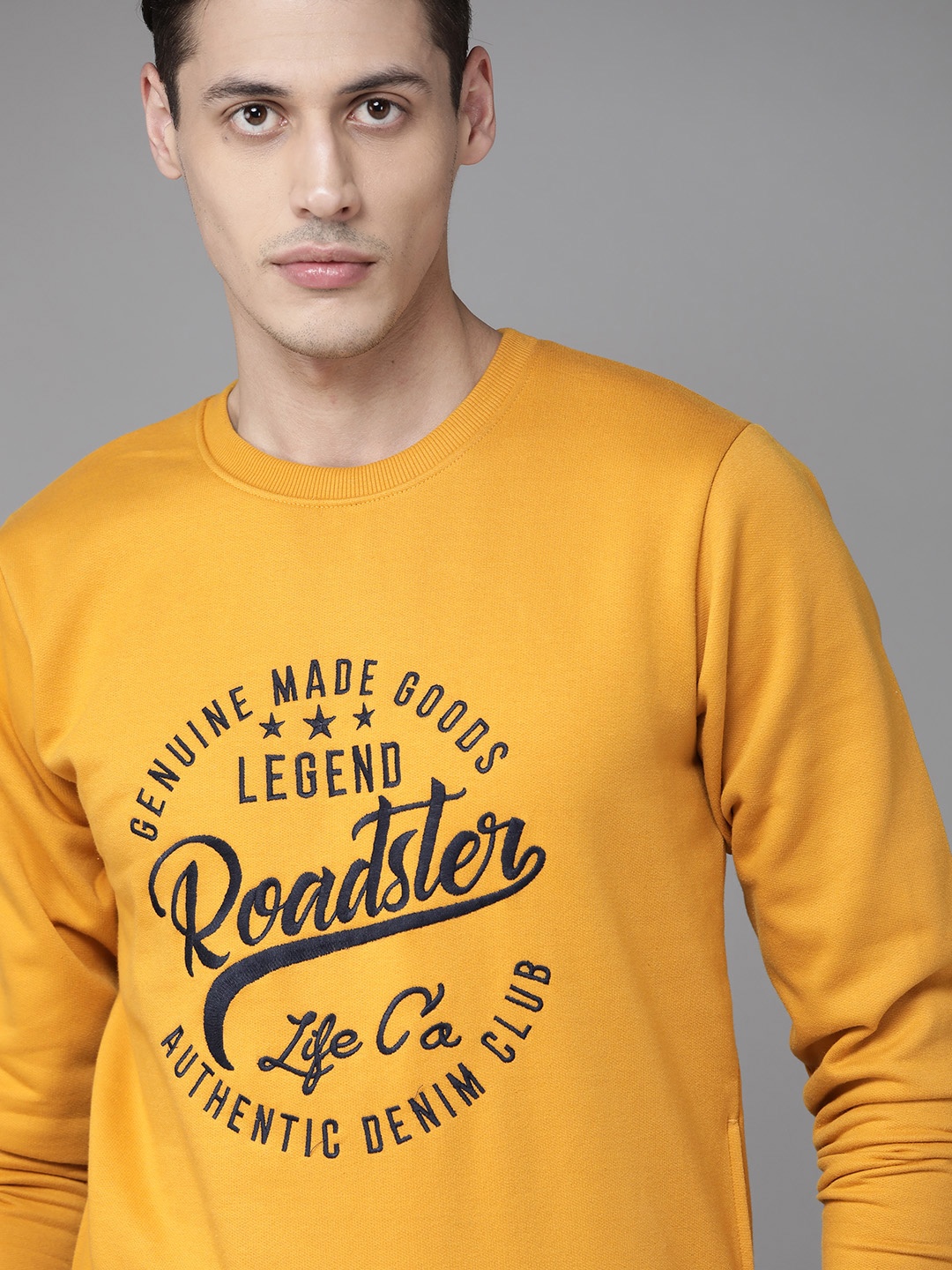 

Roadster Men Mustard Yellow & Black Embroidered Sweatshirt