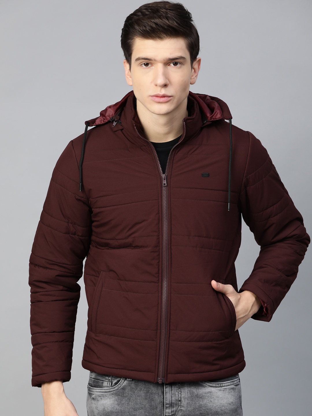 

Roadster Men Burgundy Solid Hooded Padded Jacket