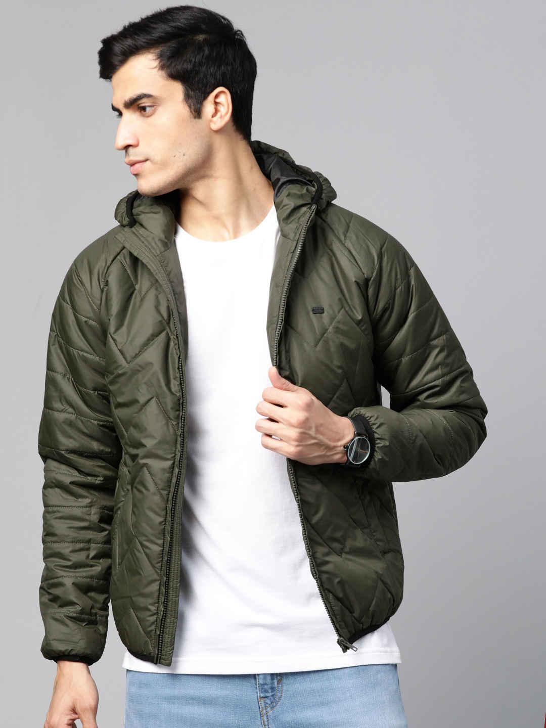 

Roadster Men Olive Green Solid Hooded Quilted Jacket