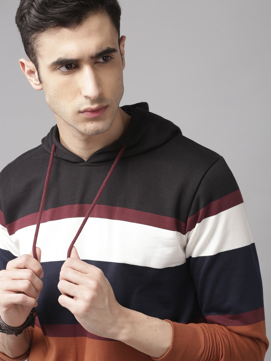 

Roadster Men Black & Brown Colourblocked Hooded Sweatshirt