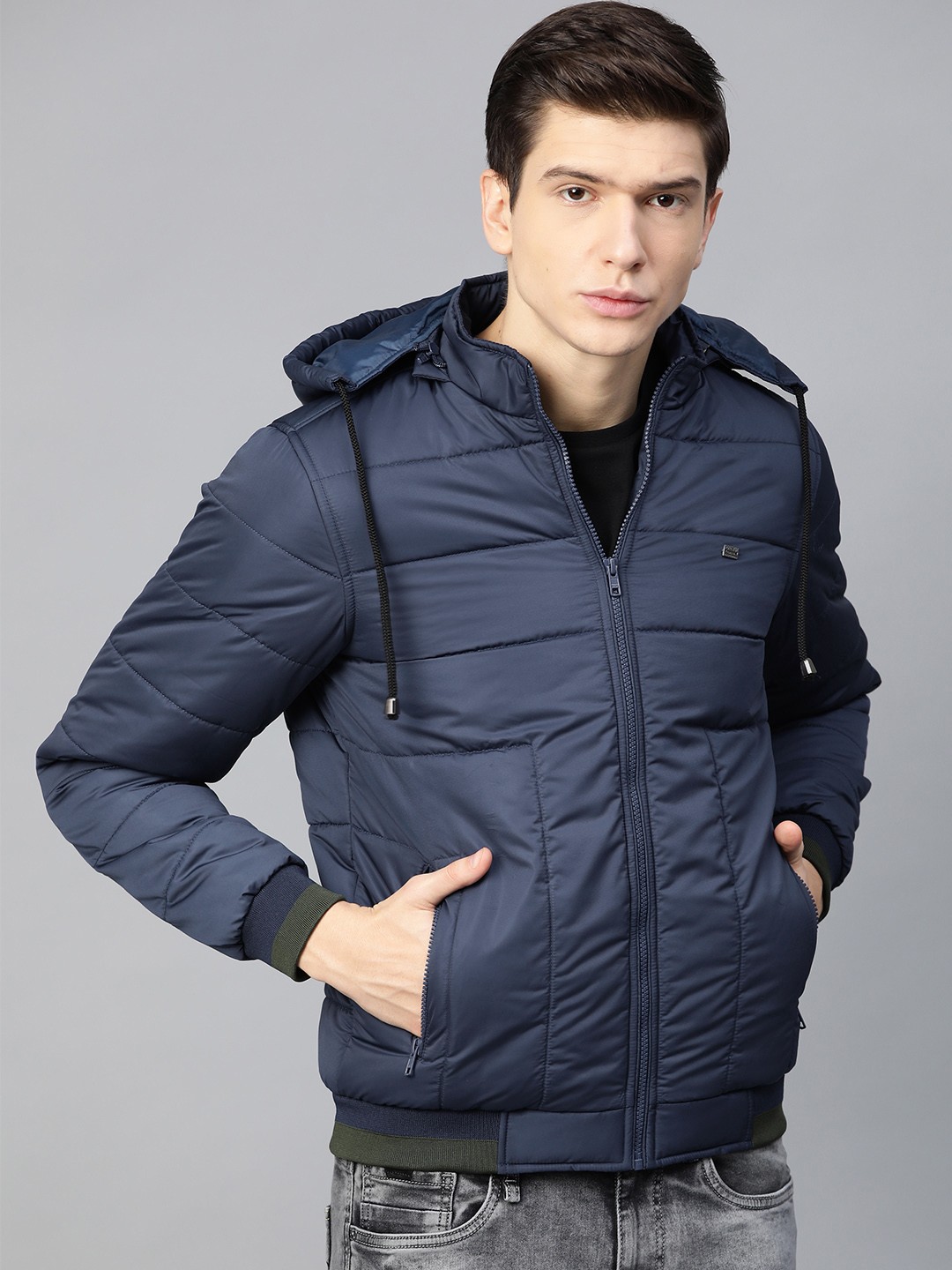 

Roadster Men Navy Blue Solid Padded Jacket with Detachable Hood