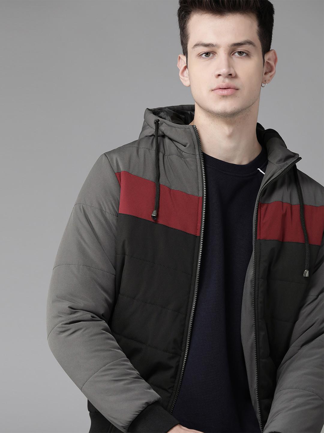 

Roadster Men Black & Charcoal Black Colourblocked Bomber