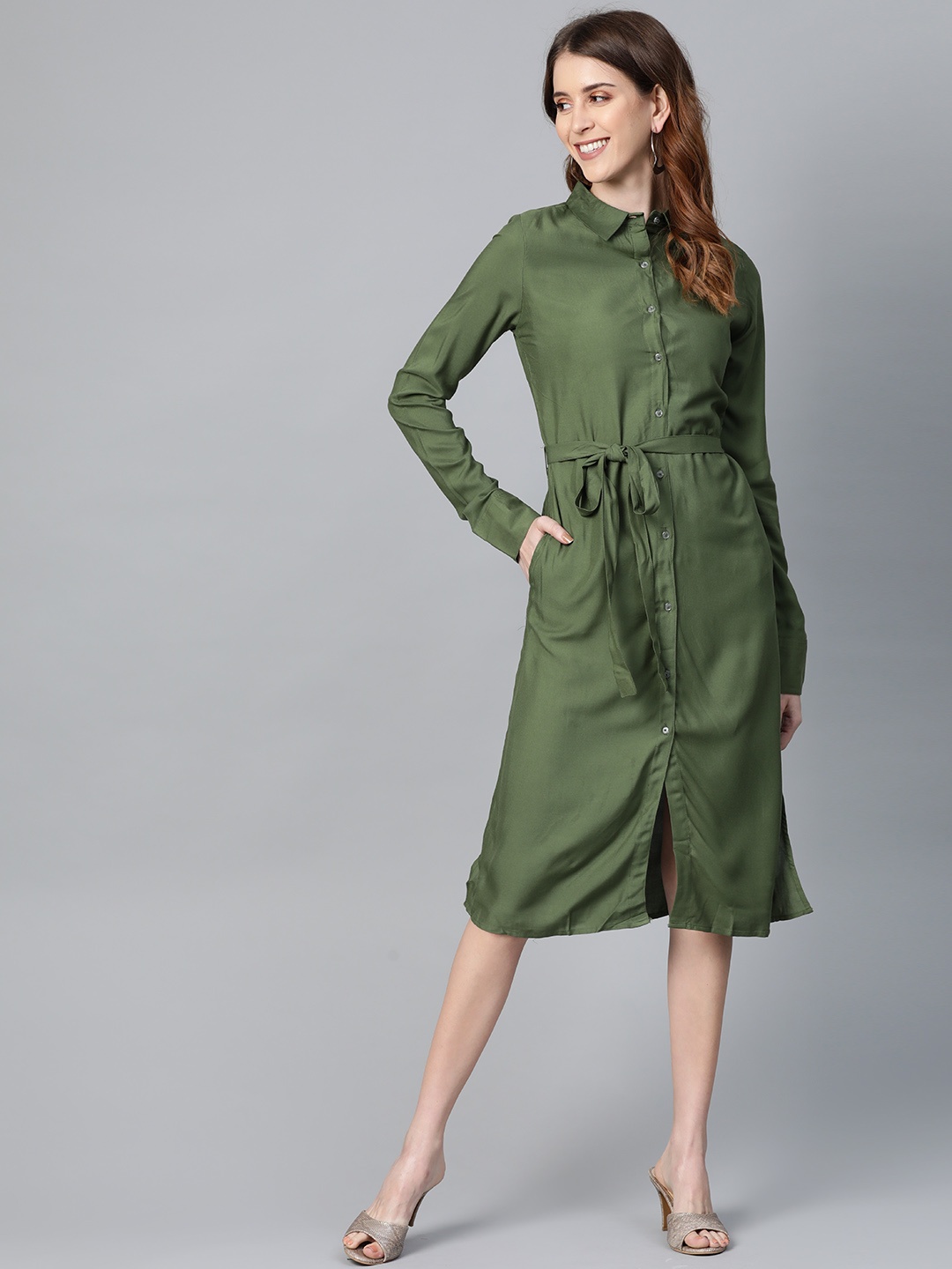 

HERE&NOW Women Olive Green Solid Shirt Dress