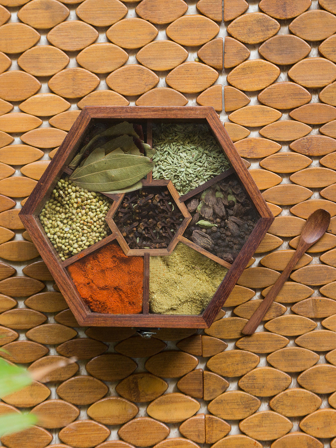 

ExclusiveLane Brown Solid Handcrafted Sheesham Wooden Hexagonal Spice Box With Spoon