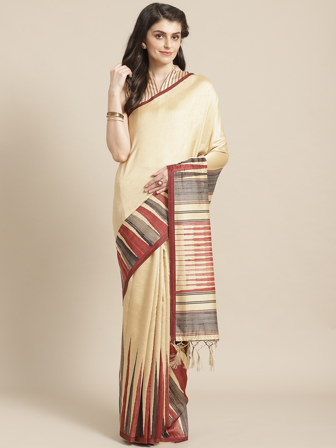 

Saree mall Beige & Maroon Solid Bhagalpuri Saree