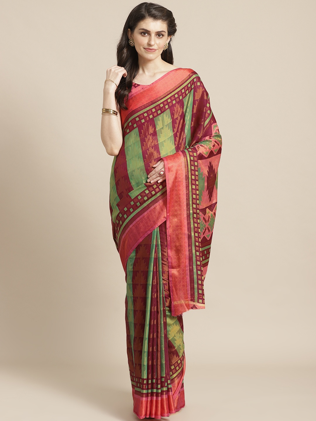 

Saree mall Magenta & Green Striped Saree