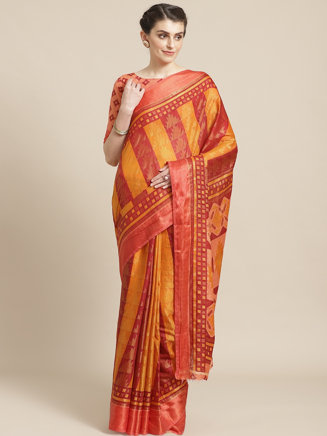 

Saree mall Maroon & Orange Striped Saree