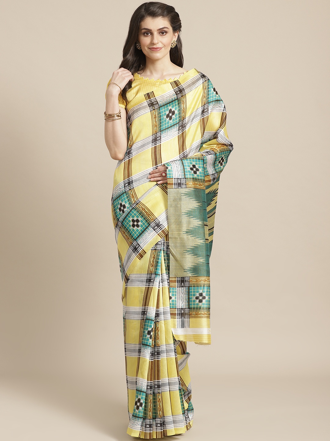 

Saree mall Yellow & Green Checked Bagru Saree