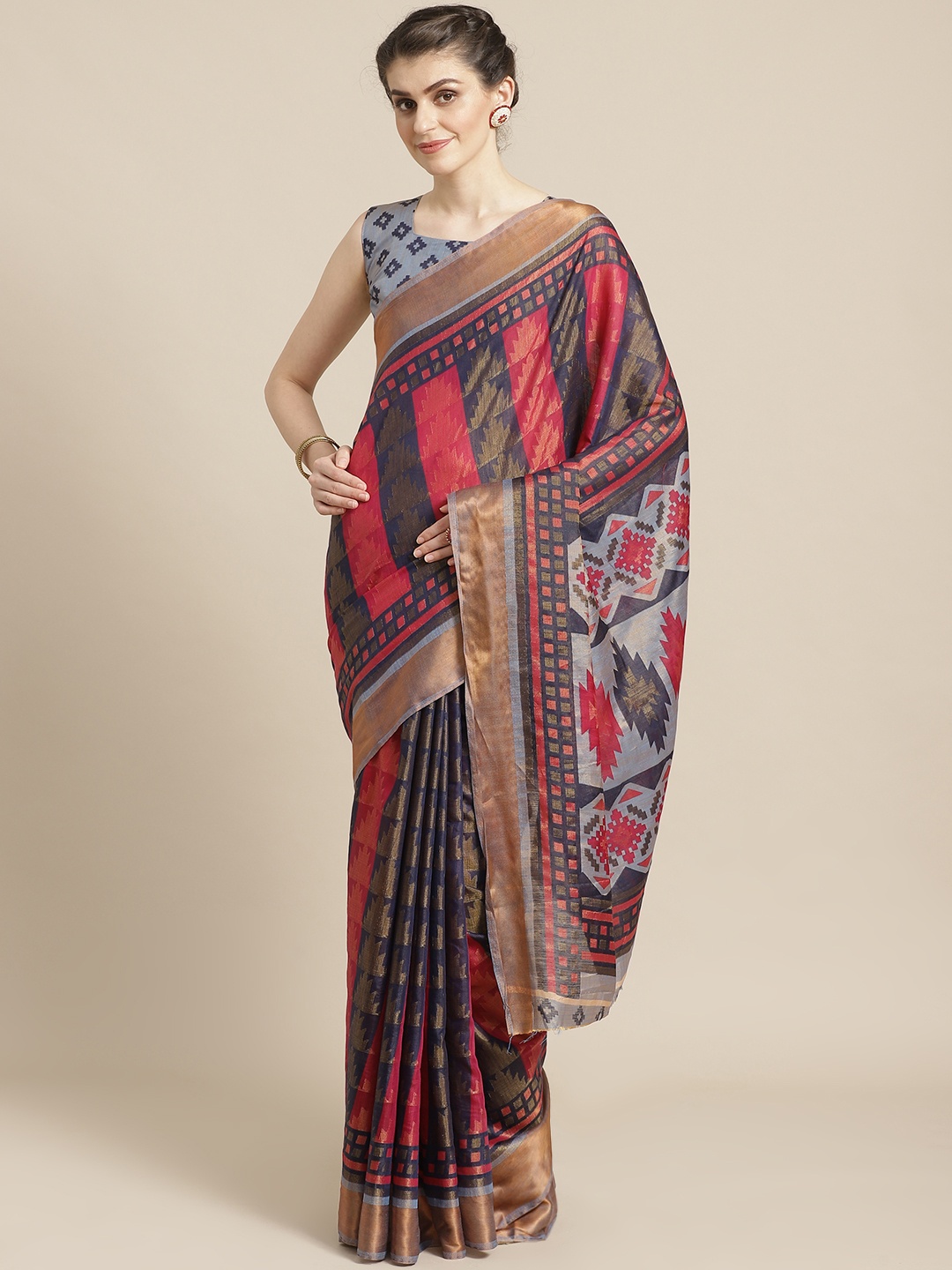 

Saree mall Navy Blue & Pink Printed Saree