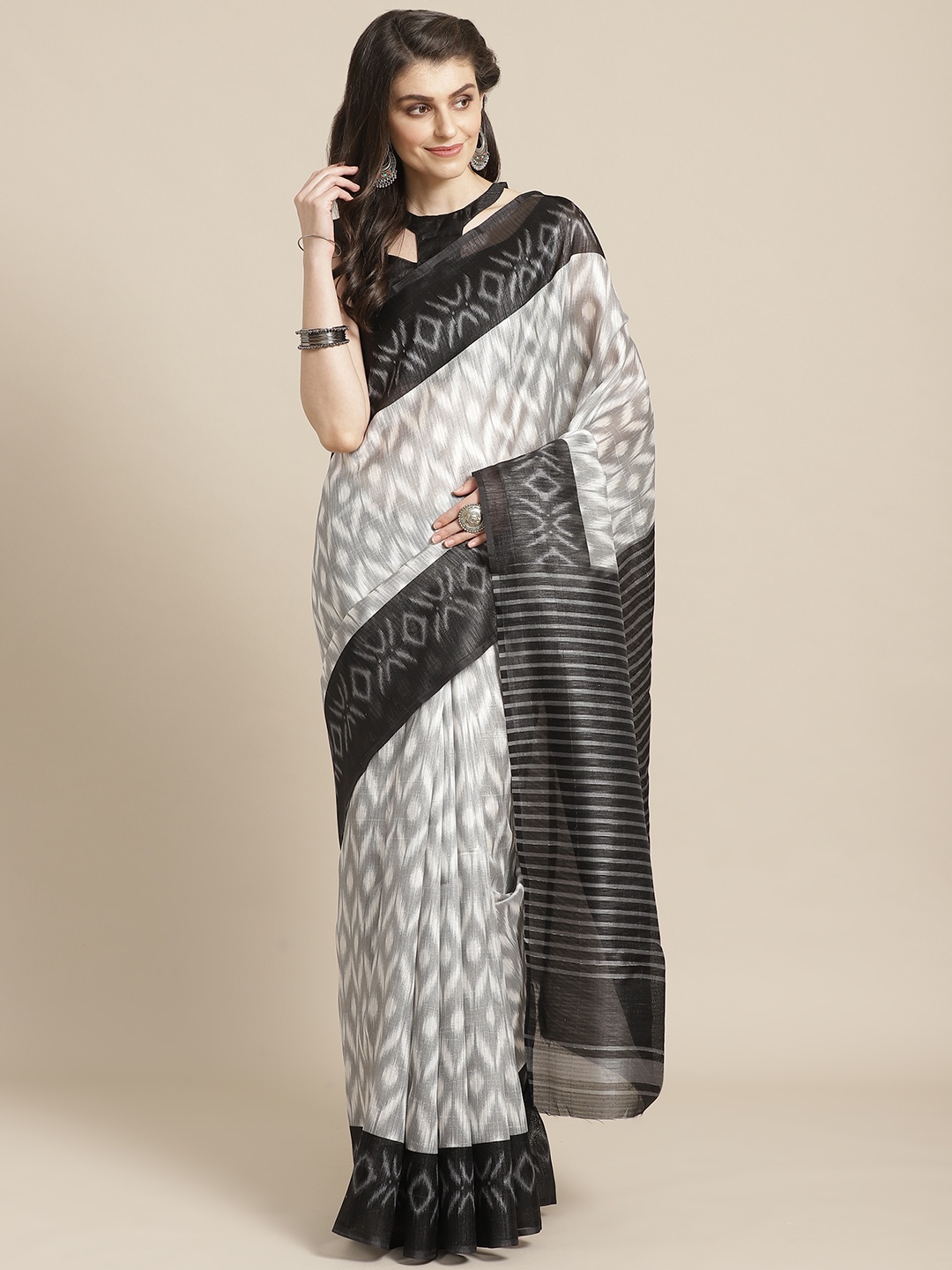 

Saree mall Grey & White Woven Design Saree