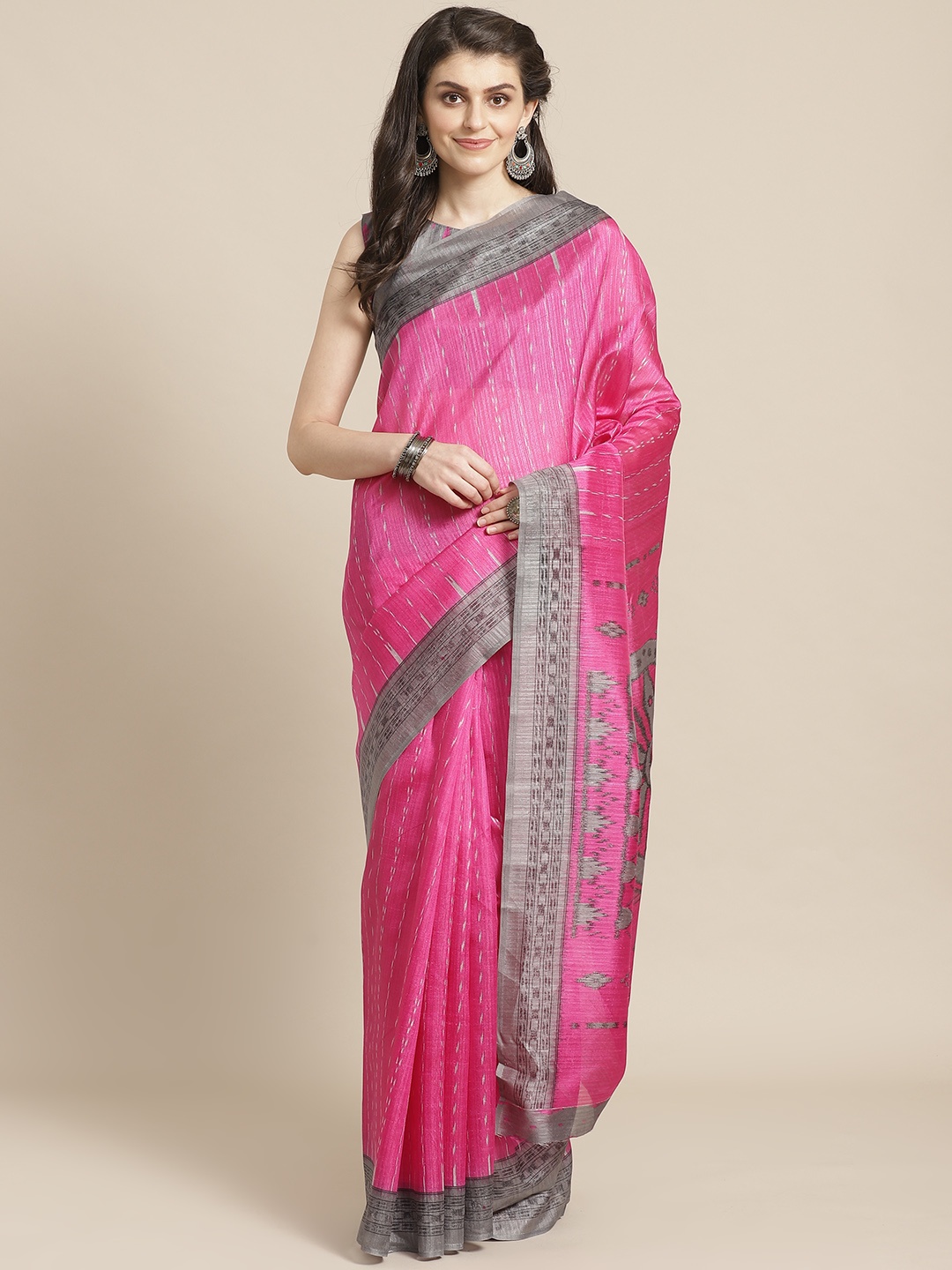 

Saree mall Pink & Off-White Self Striped Saree