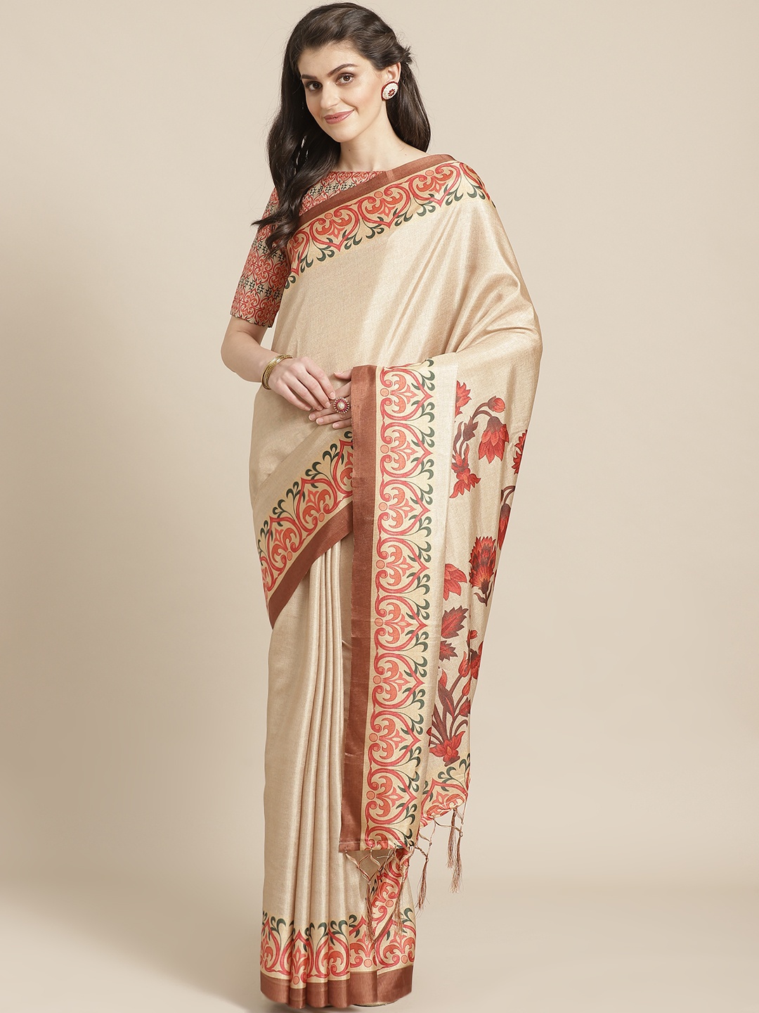 

Saree mall Beige & Rust Orange Solid Saree