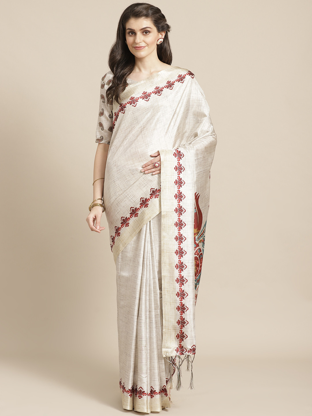 

Saree mall Off-White & Brown Printed Saree