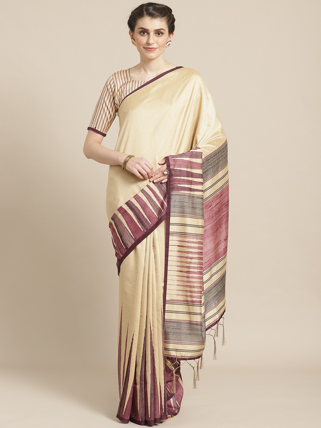 

Saree mall Beige & Burgundy Solid Bhagalpuri Saree