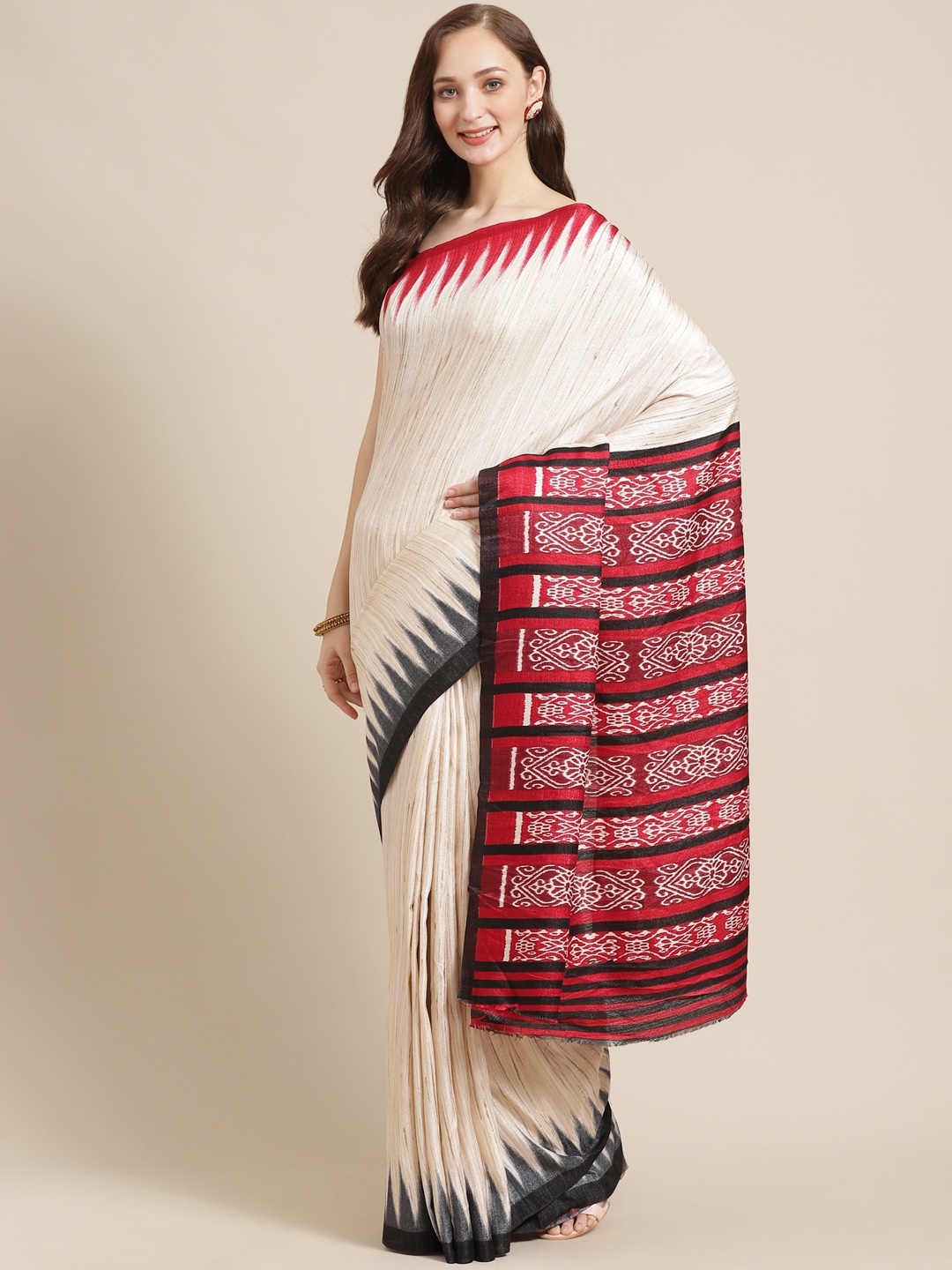 

Saree mall Beige & Red Self Design Saree, Off white