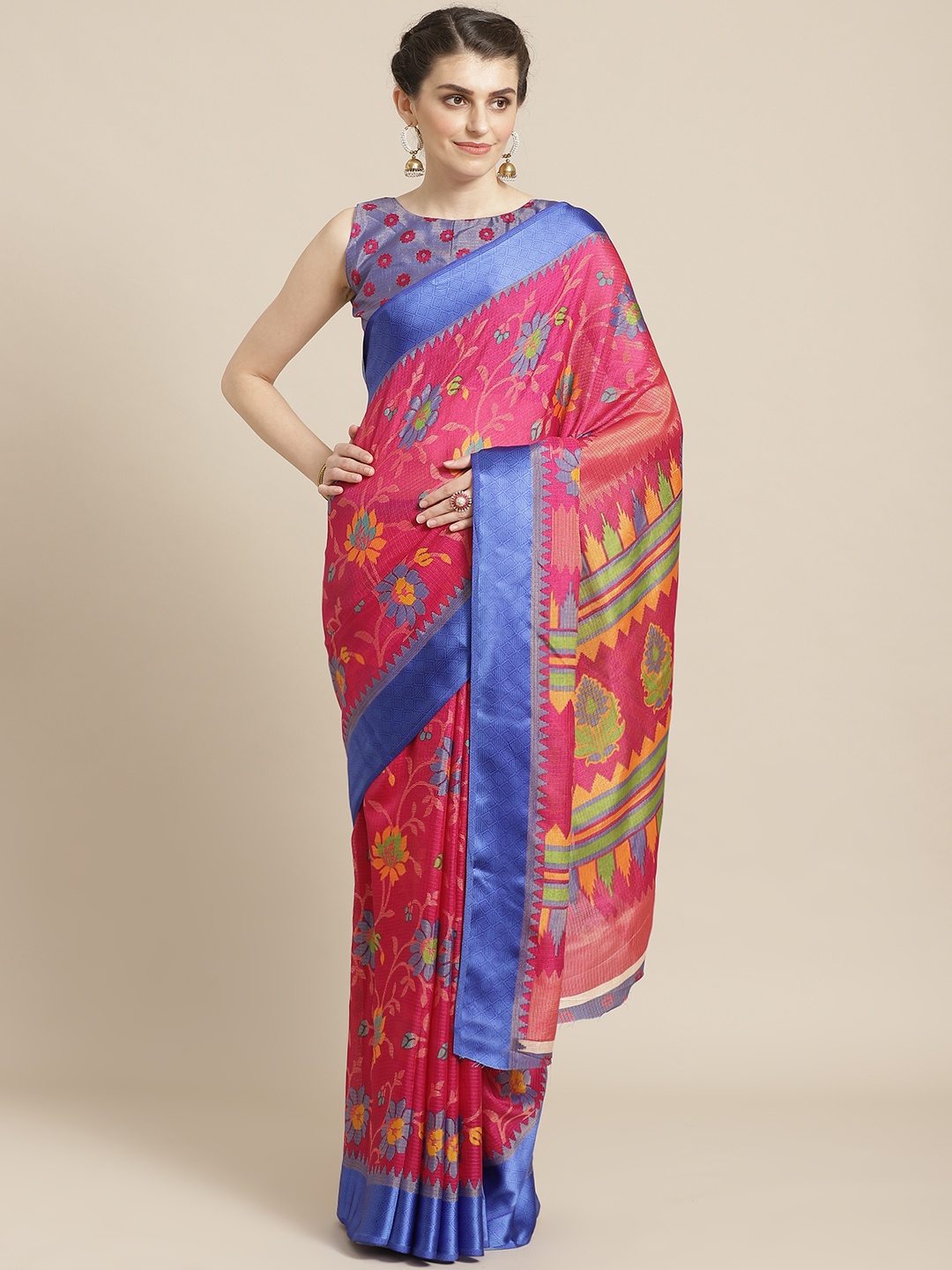 

Saree mall Pink & Blue Floral Print Saree