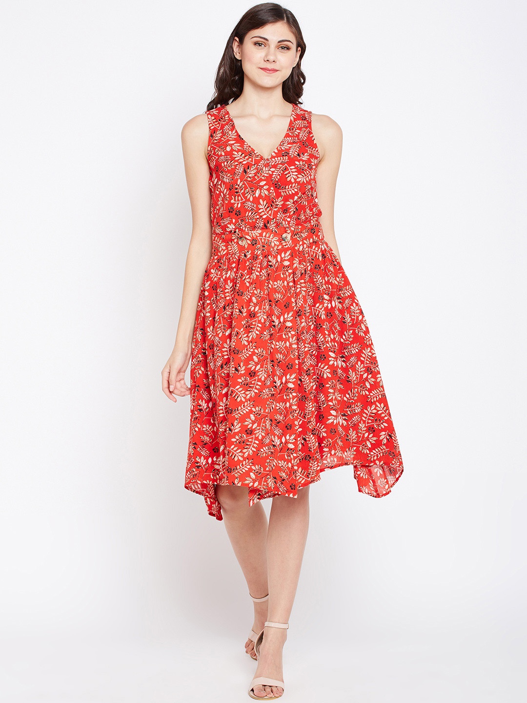 

Oxolloxo Women Coral Red & Beige Printed A-Line Dress