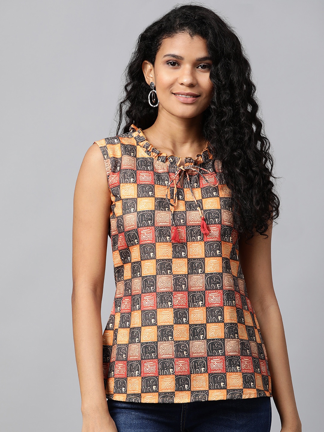 

Yufta Women Mustard Yellow & Brown Checked Top