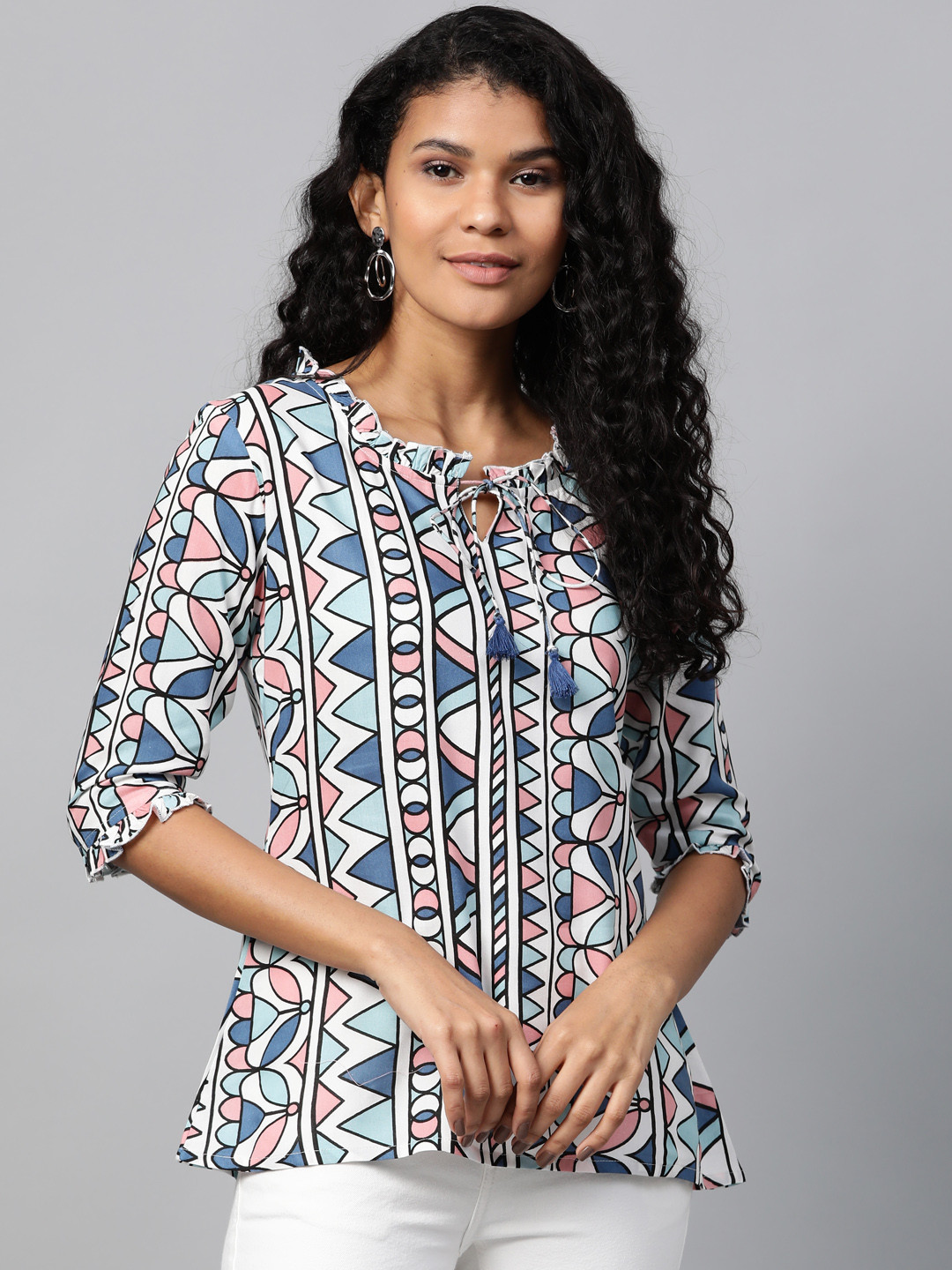 

Yufta Women White & Blue Printed Top