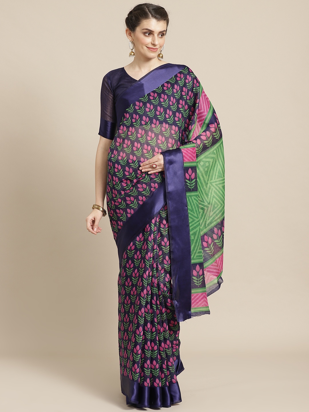 

Saree mall Navy Blue & Pink Printed Saree