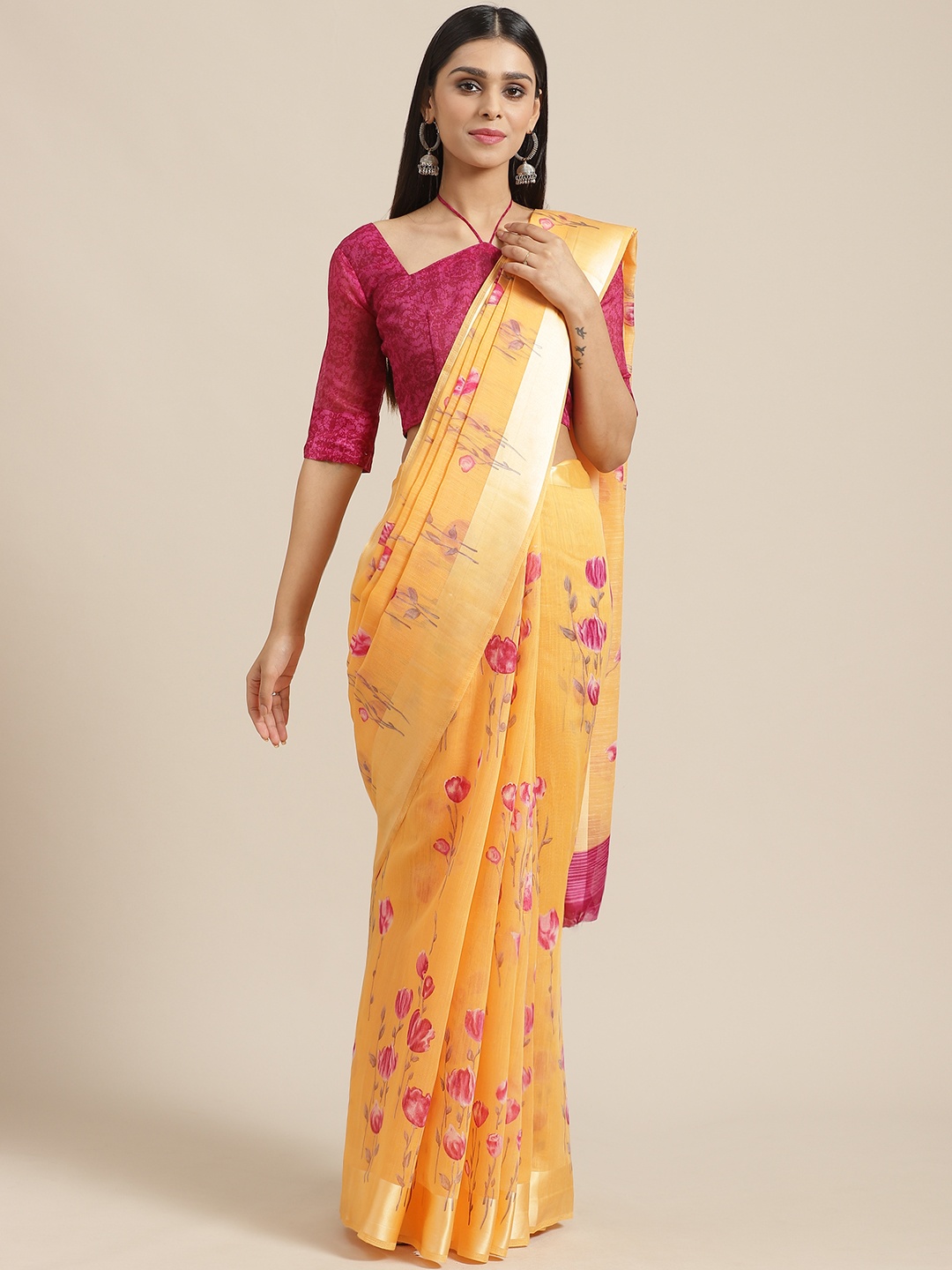 

Saree mall Yellow & Pink Floral Printed Saree