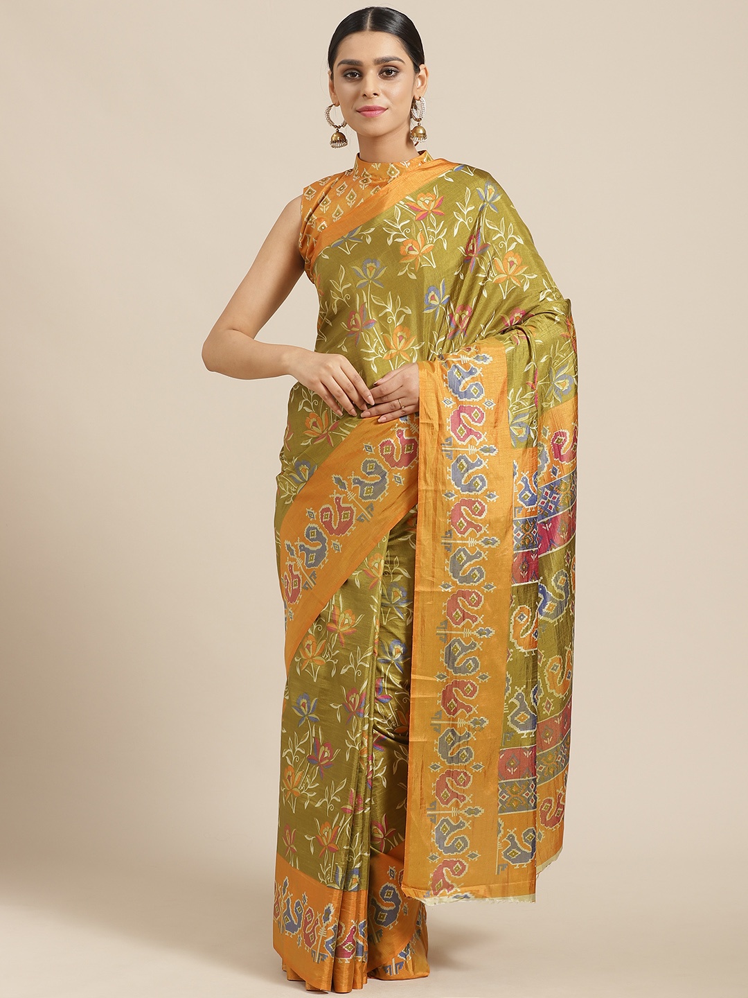 

Saree mall Olive Green & Mustard Yellow Ethnic Motifs Print Saree