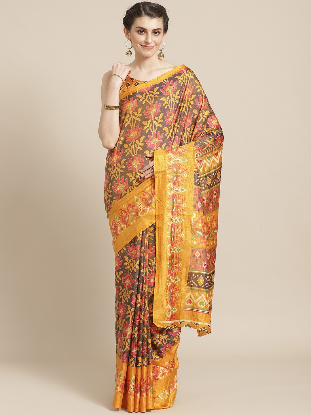 

Saree mall Charcoal Grey & Mustard Yellow Printed Saree