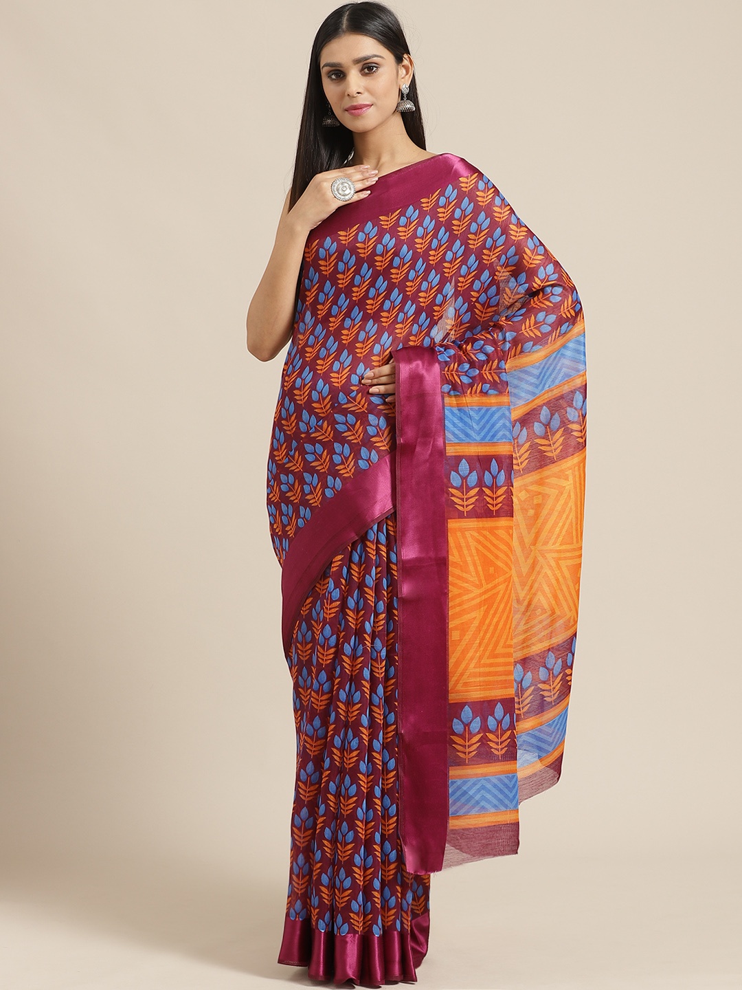 

Saree mall Burgundy & Blue Cotton Blend Printed Saree