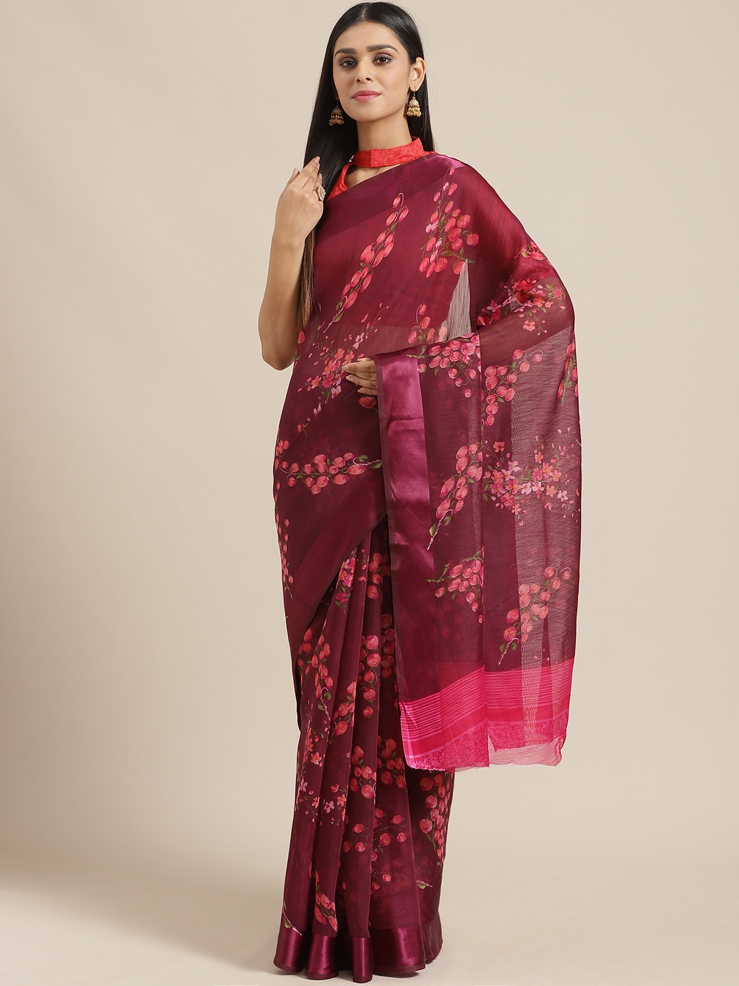 

Saree mall Burgundy & Pink Floral Printed Saree