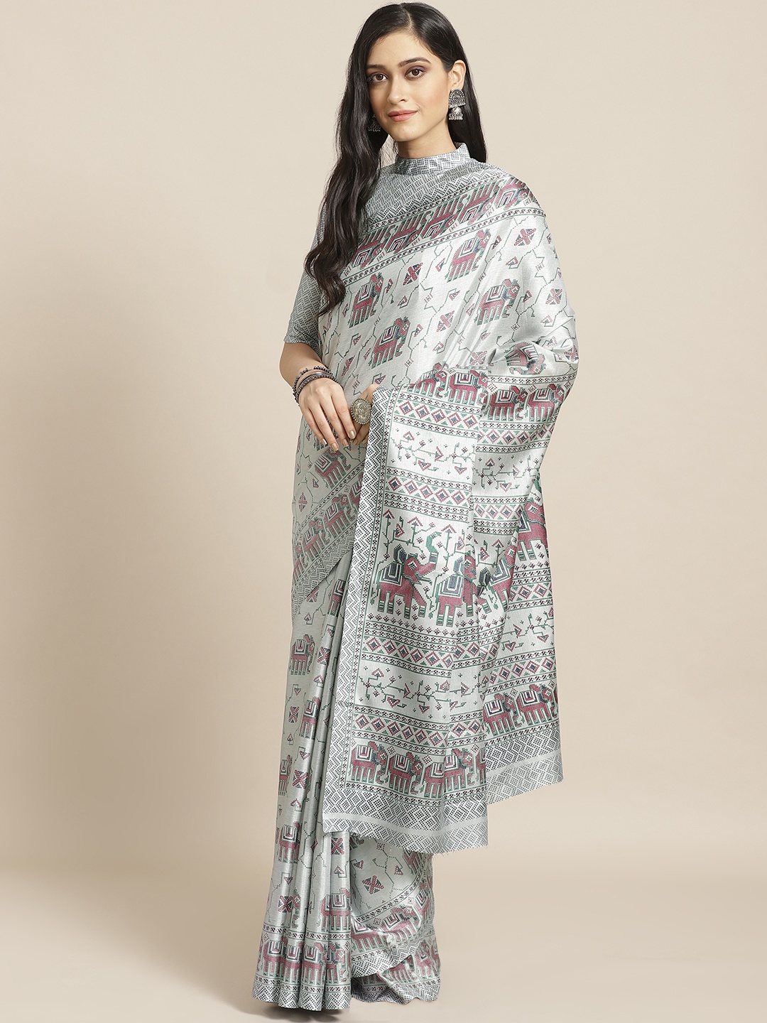 

Saree mall Grey & Pink Blue Printed Saree