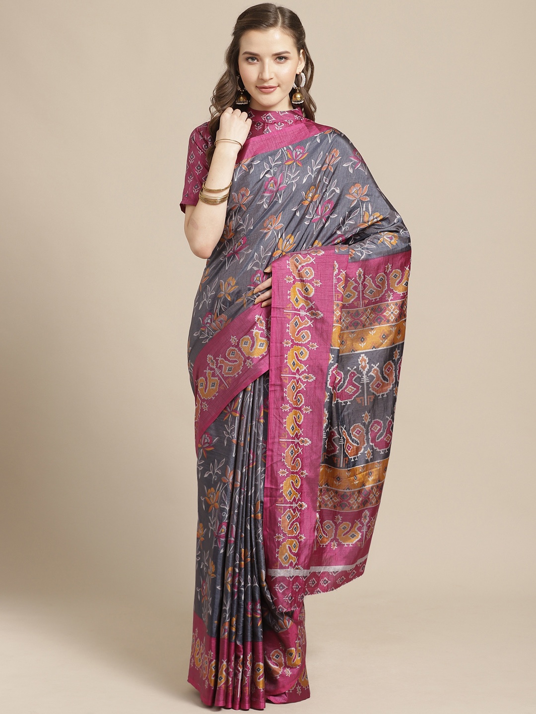 

Saree mall Charcoal Grey & Pink Floral Printed Saree