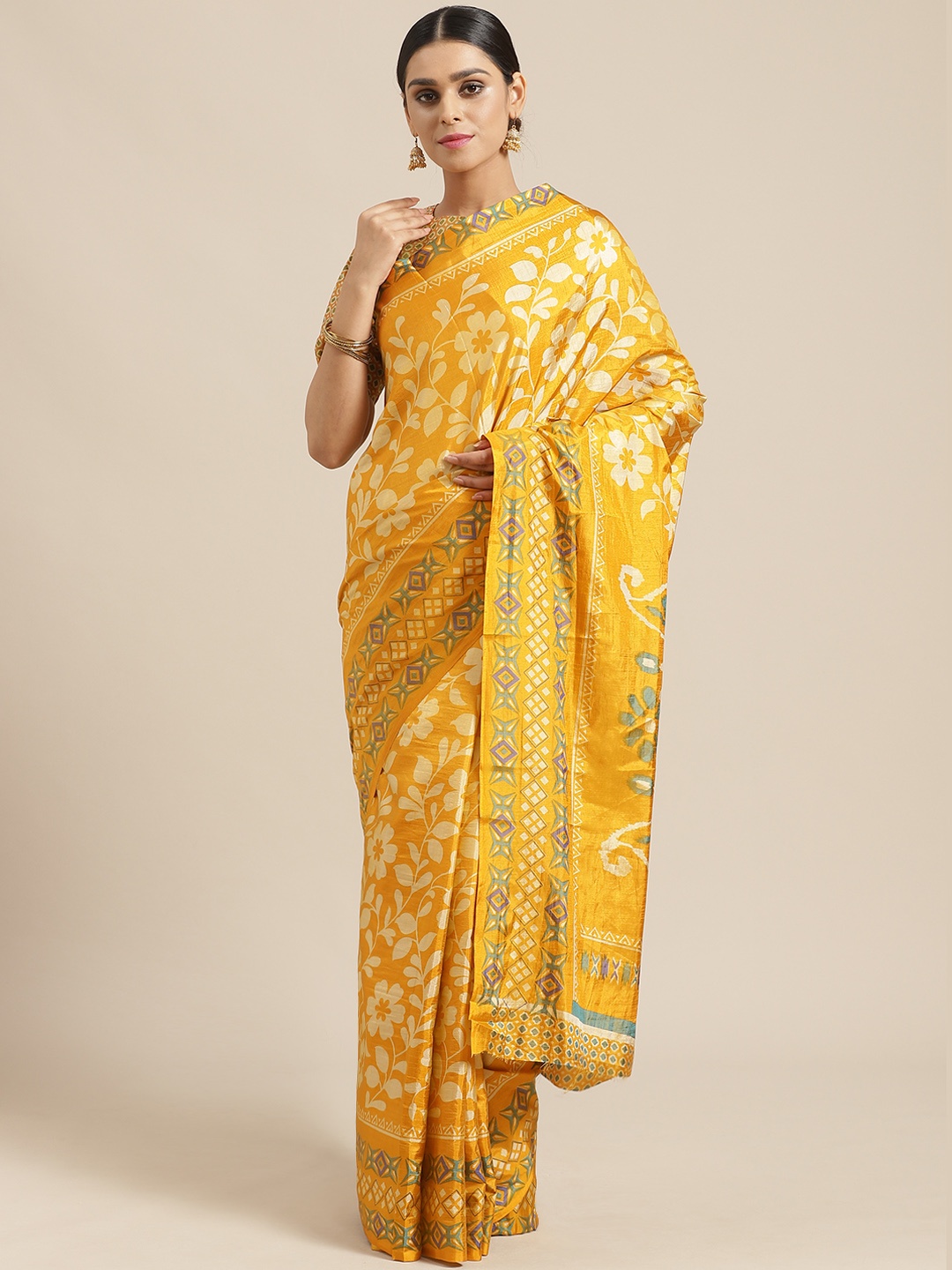 

Saree mall Mustard Yellow & Beige Floral Print Saree
