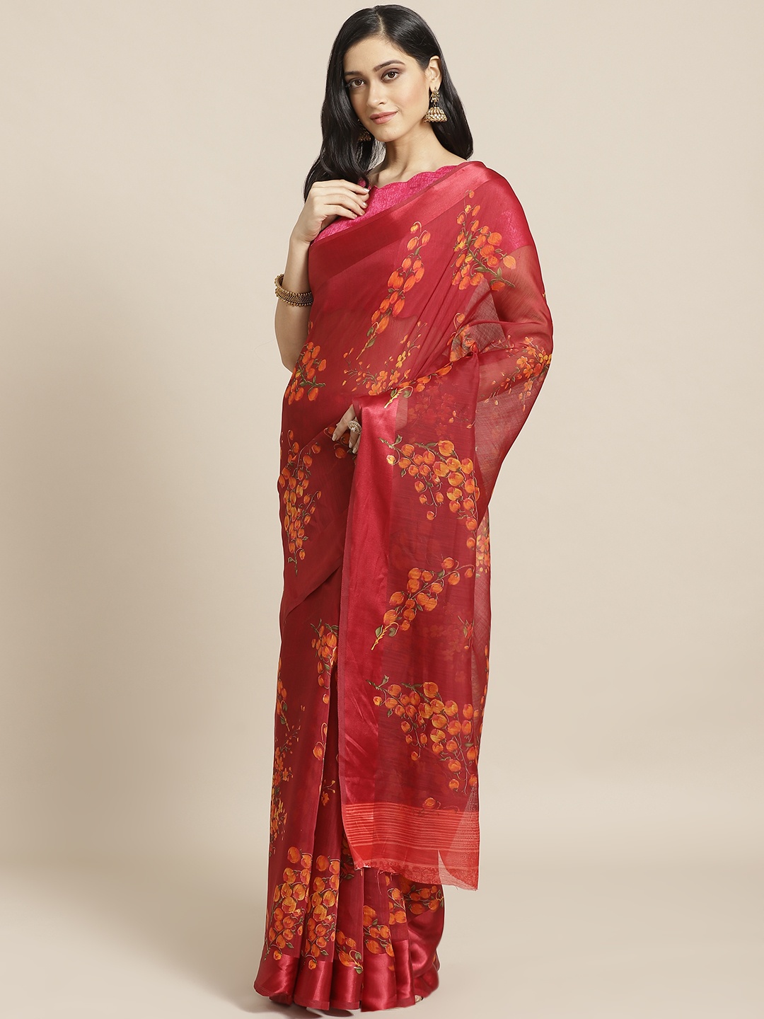 

Saree mall Maroon & Orange Floral Print Saree