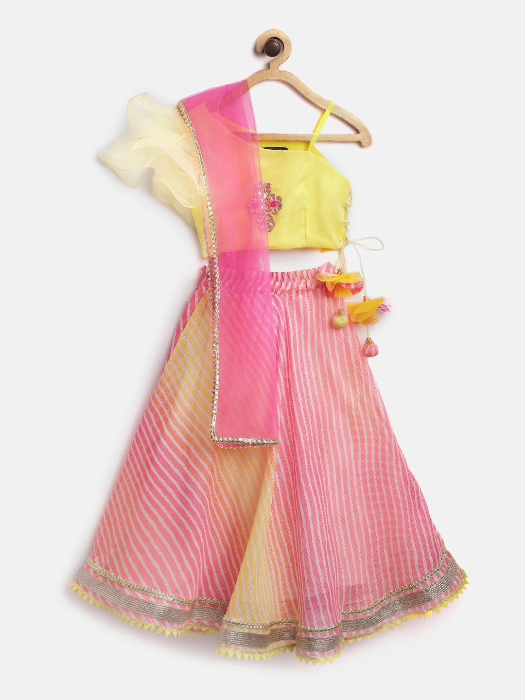 

pspeaches Girls Pink & Yellow Leheriya Ready to Wear Lehenga & Blouse with Dupatta