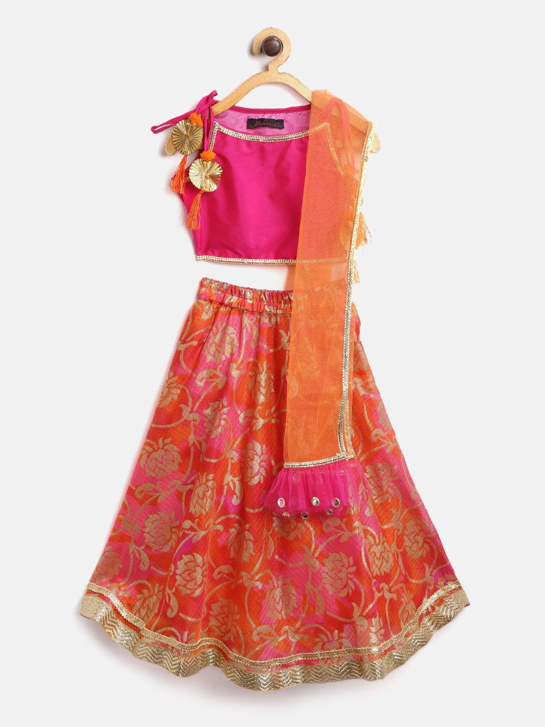 

pspeaches Girls Orange & Magenta Printed Ready to Wear Lehenga & Blouse with Dupatta