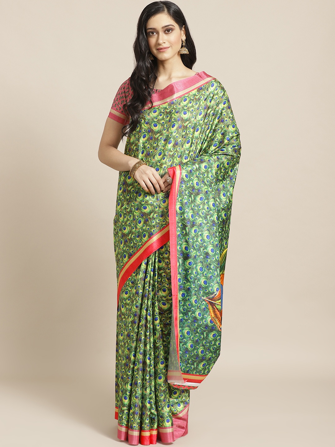 

Saree mall Green & Yellow Peacock Feather Print Saree