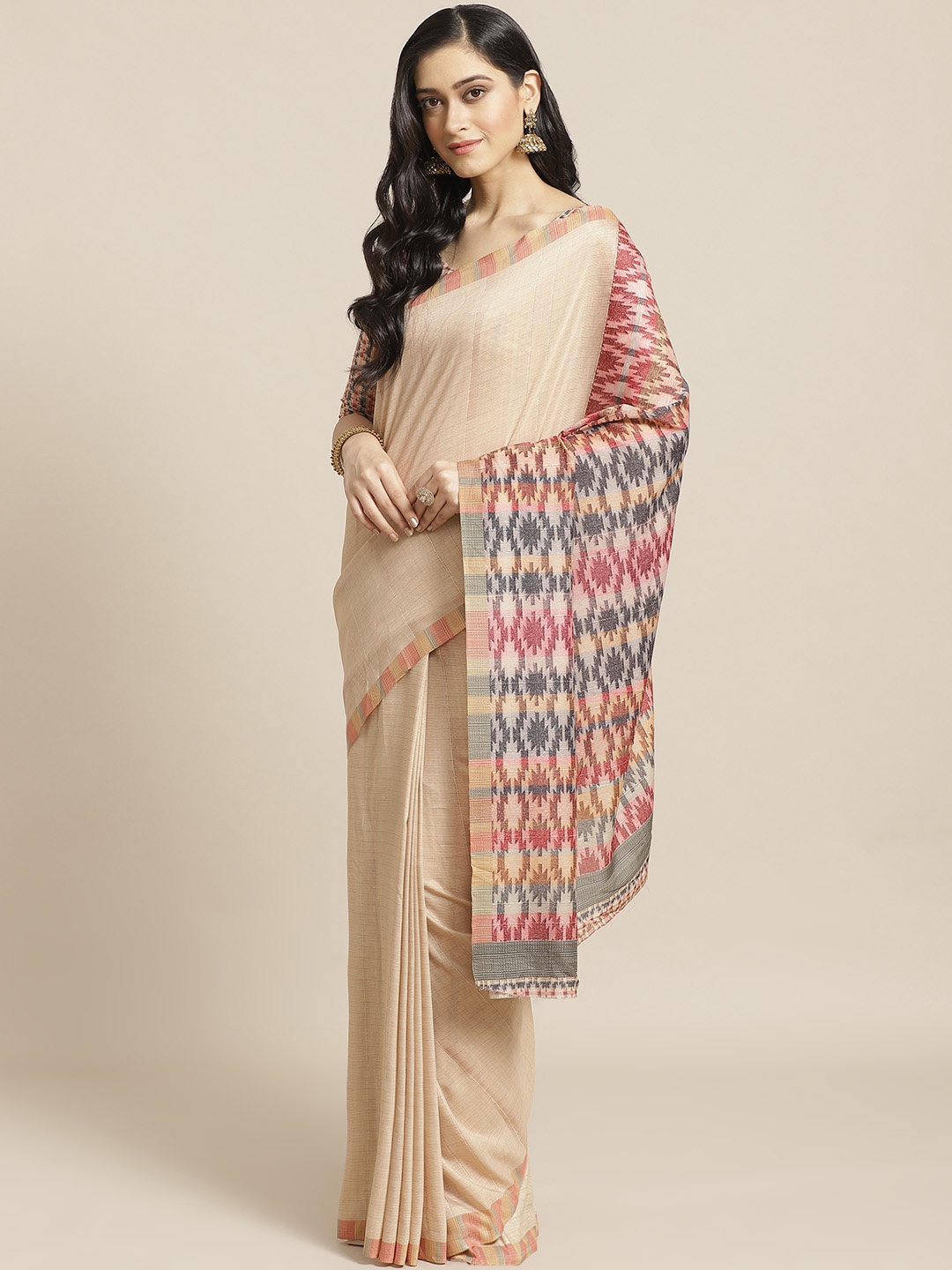 

Saree mall Beige Striped Saree