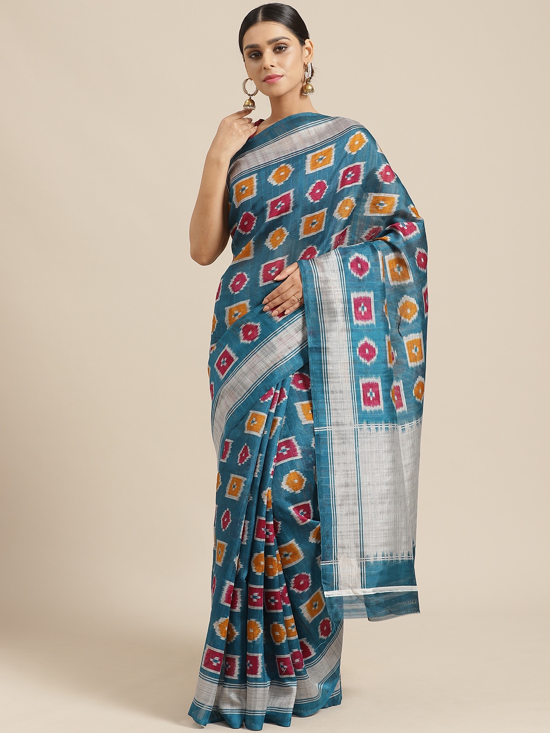 

Saree mall Teal Blue & Magenta Printed Bhagalpuri Saree